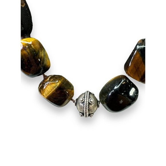 Heavy Sterling Silver Chunky Tigers Eye Necklace Hook Clasp 20” - Picture 2 of 8